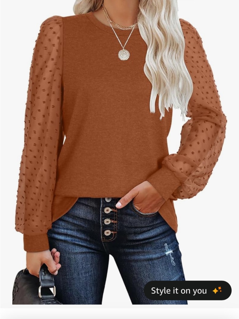 Amazon Women’s Rust Swiss Dot Puff Sleeve Sweatshirt